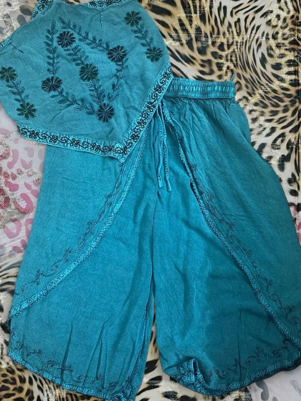 Boho Embroidered Teal Wide-Leg Pants & Overlay Set